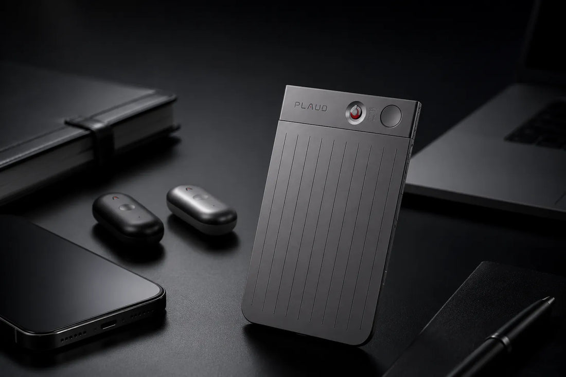 Plaud Note portable AI note taking device on a modern workspace with smartphone, laptop, and accessories | Zenith Philippines